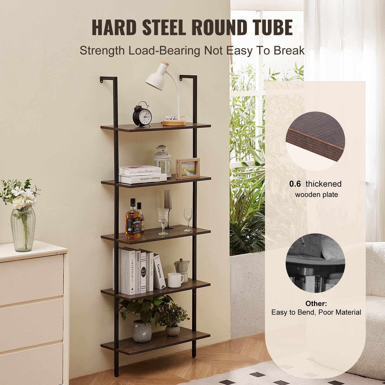 VEVOR Ladder Shelf, 5-Tier Bookshelf 24x11.8in, Open Wall-Mounted Ladder Shelf with Metal Frame,Storage Rack Sundries Holder for Kitchen Bedroom Bathroom Living Room, Black