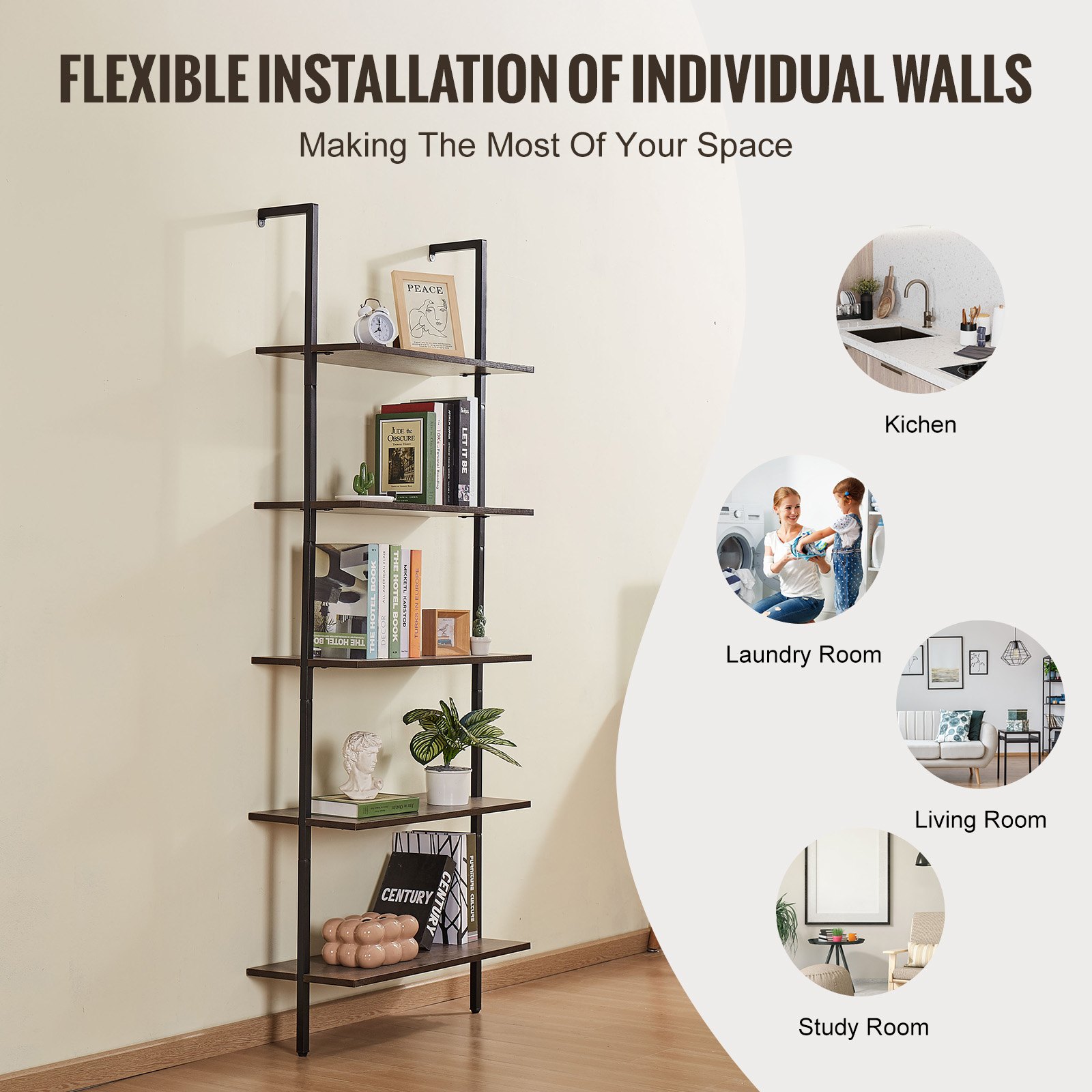 VEVOR Ladder Shelf, 5-Tier Bookshelf 24x11.8in, Open Wall-Mounted Ladder Shelf with Metal Frame,Storage Rack Sundries Holder for Kitchen Bedroom Bathroom Living Room, Black