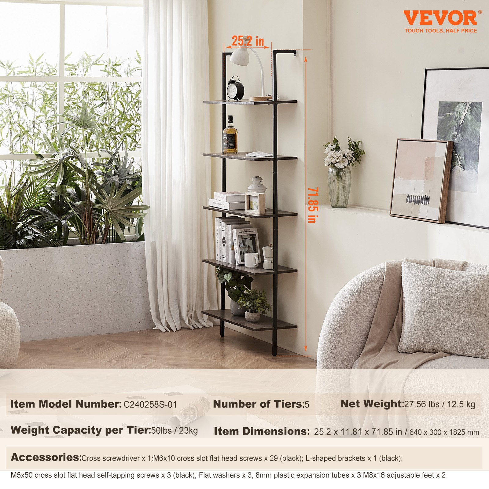VEVOR Ladder Shelf, 5-Tier Bookshelf 24x11.8in, Open Wall-Mounted Ladder Shelf with Metal Frame,Storage Rack Sundries Holder for Kitchen Bedroom Bathroom Living Room, Black