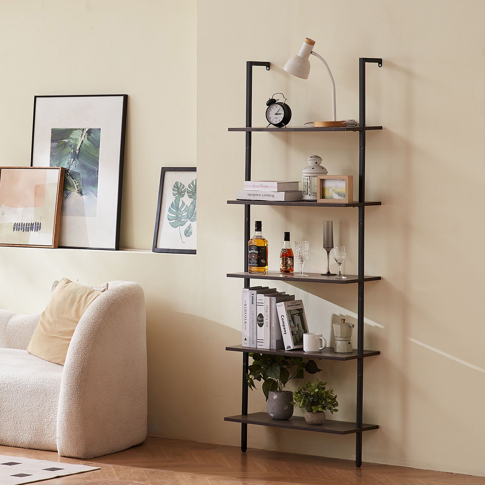 VEVOR Ladder Shelf, 5-Tier Bookshelf 24x11.8in, Open Wall-Mounted Ladder Shelf with Metal Frame,Storage Rack Sundries Holder for Kitchen Bedroom Bathroom Living Room, Black