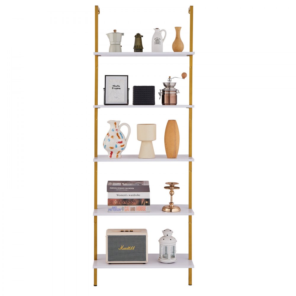 VEVOR Ladder Shelf, 5-Tier Bookshelf 24x11.8in, Open Wall-Mounted Ladder Shelf with Metal Frame,Storage Rack Sundries Holder for Kitchen Bedroom Bathroom Living Room, Gold White