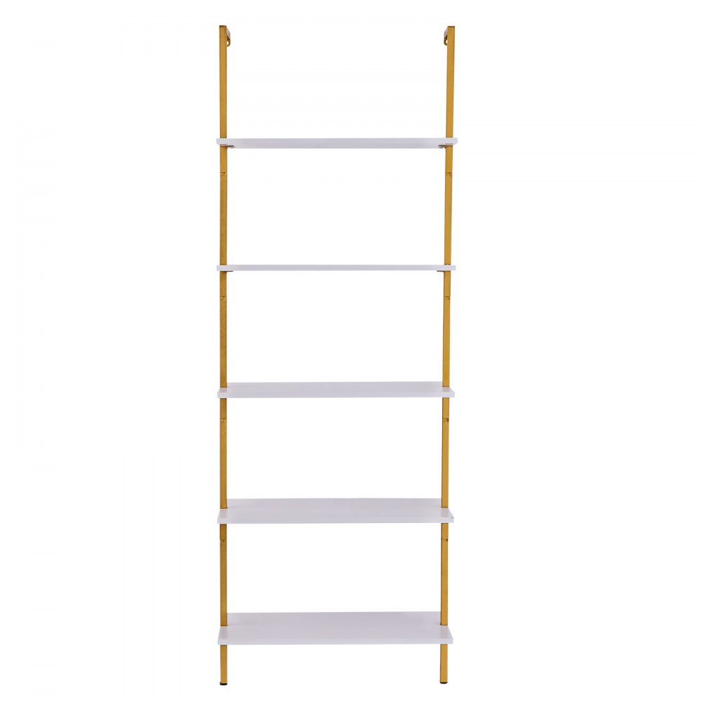 VEVOR Ladder Shelf, 5-Tier Bookshelf 24x11.8in, Open Wall-Mounted Ladder Shelf with Metal Frame,Storage Rack Sundries Holder for Kitchen Bedroom Bathroom Living Room, Gold White