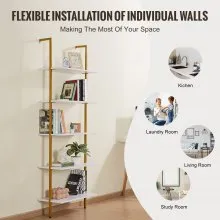 VEVOR Ladder Shelf 5-Tier Bookshelf 24x11.8in Wall-Mount Gold White