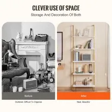 VEVOR Ladder Shelf 5-Tier Bookshelf 24x11.8in Wall-Mount Gold White