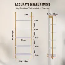 VEVOR Ladder Shelf 5-Tier Bookshelf 24x11.8in Wall-Mount Gold White
