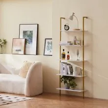 VEVOR Ladder Shelf 5-Tier Bookshelf 24x11.8in Wall-Mount Gold White