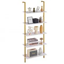 VEVOR Ladder Shelf 5-Tier Bookshelf 24x11.8in Wall-Mount Gold White