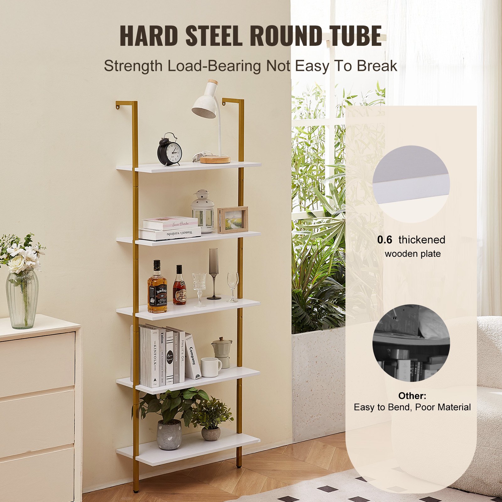 VEVOR Ladder Shelf, 5-Tier Bookshelf 24x11.8in, Open Wall-Mounted Ladder Shelf with Metal Frame,Storage Rack Sundries Holder for Kitchen Bedroom Bathroom Living Room, Gold White