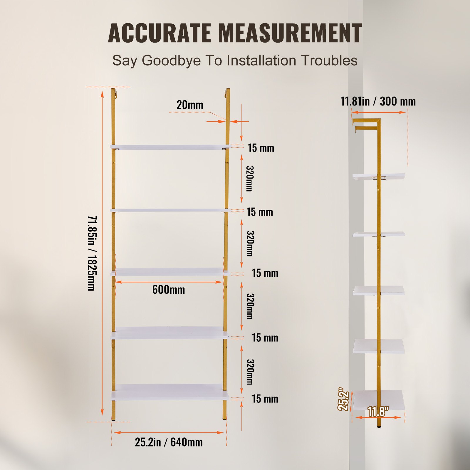 VEVOR Ladder Shelf, 5-Tier Bookshelf 24x11.8in, Open Wall-Mounted Ladder Shelf with Metal Frame,Storage Rack Sundries Holder for Kitchen Bedroom Bathroom Living Room, Gold White