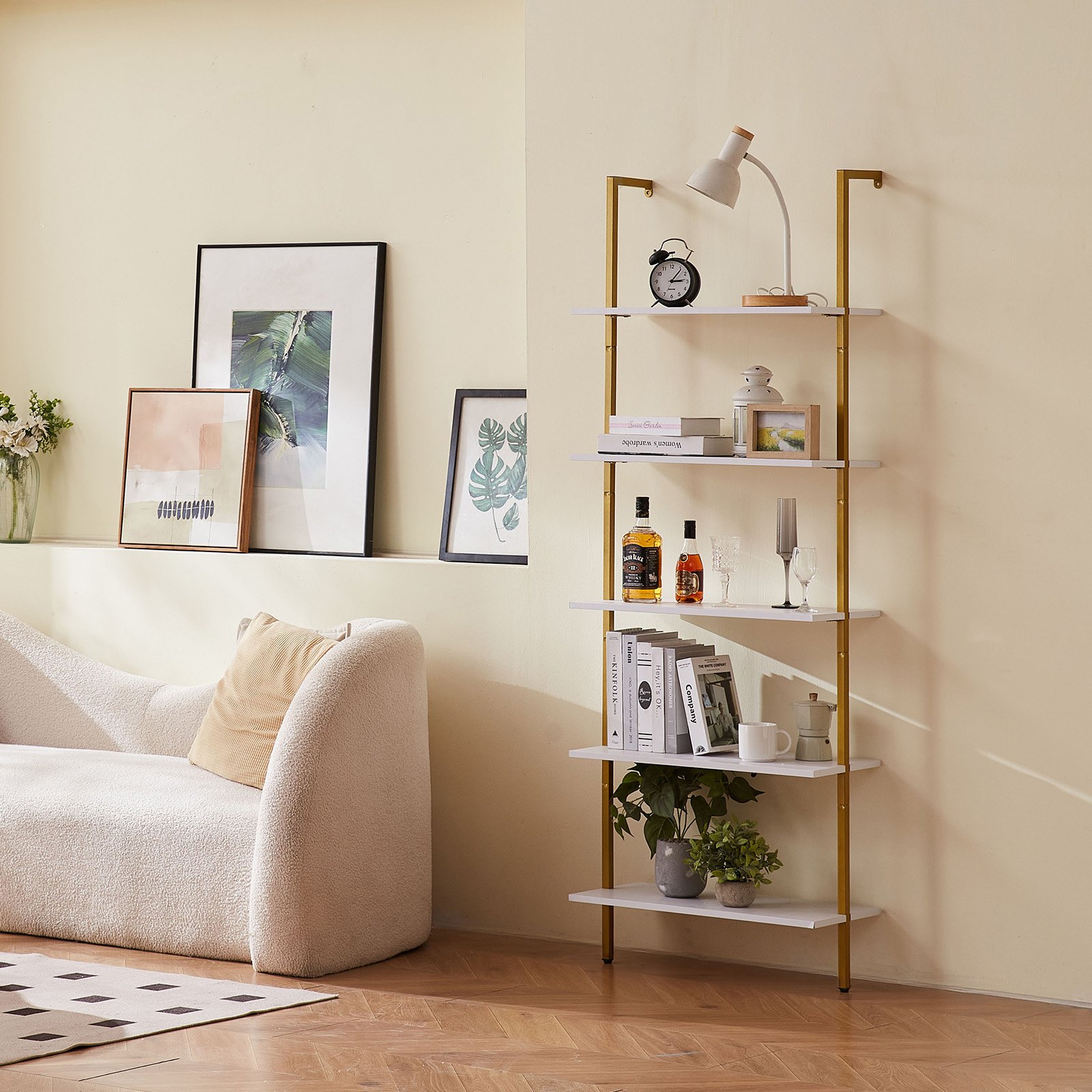 VEVOR Ladder Shelf, 5-Tier Bookshelf 24x11.8in, Open Wall-Mounted Ladder Shelf with Metal Frame,Storage Rack Sundries Holder for Kitchen Bedroom Bathroom Living Room, Gold White