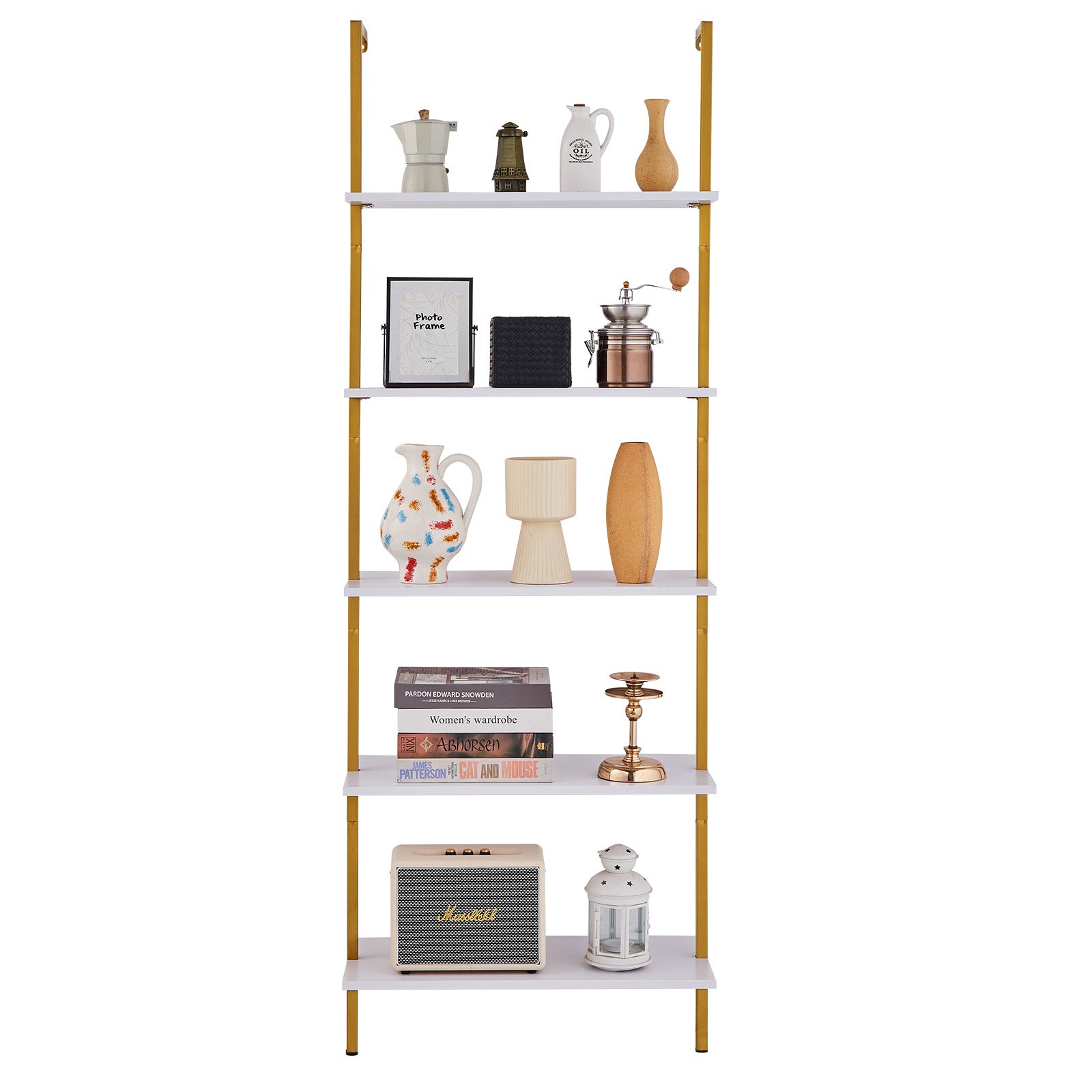 VEVOR Ladder Shelf, 5-Tier Bookshelf 24x11.8in, Open Wall-Mounted Ladder Shelf with Metal Frame,Storage Rack Sundries Holder for Kitchen Bedroom Bathroom Living Room, Gold White