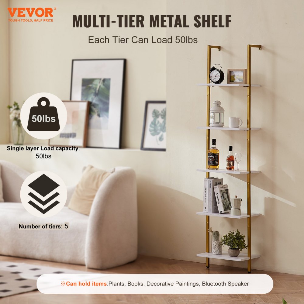 VEVOR Ladder Shelf, 5-Tier Bookshelf 15.6x11.8in, Open Wall-Mounted Ladder Shelf with Metal Frame,Storage Rack Sundries Holder for Kitchen Bedroom Bathroom Living Room, Gold White