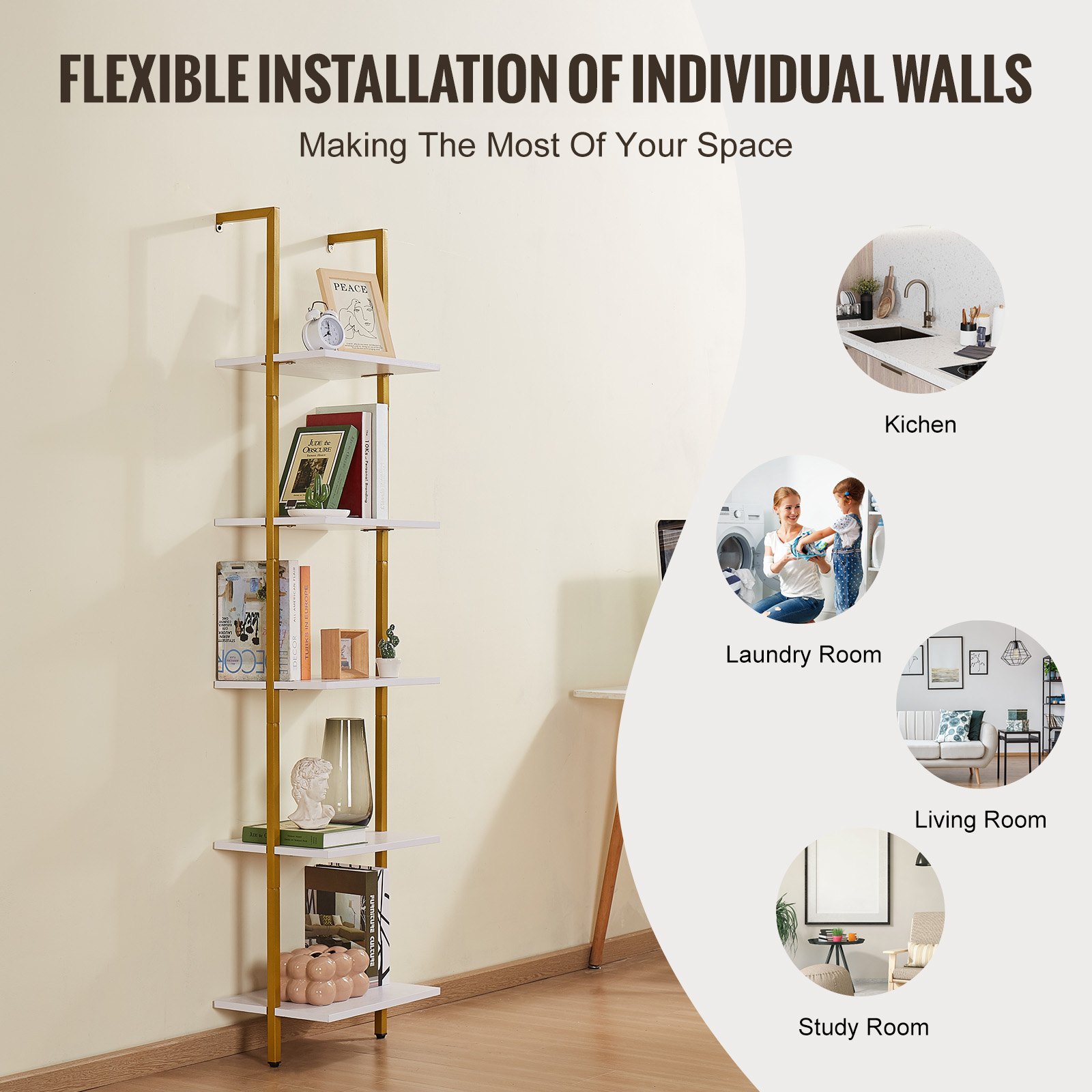 VEVOR Ladder Shelf, 5-Tier Bookshelf 15.6x11.8in, Open Wall-Mounted Ladder Shelf with Metal Frame,Storage Rack Sundries Holder for Kitchen Bedroom Bathroom Living Room, Gold White