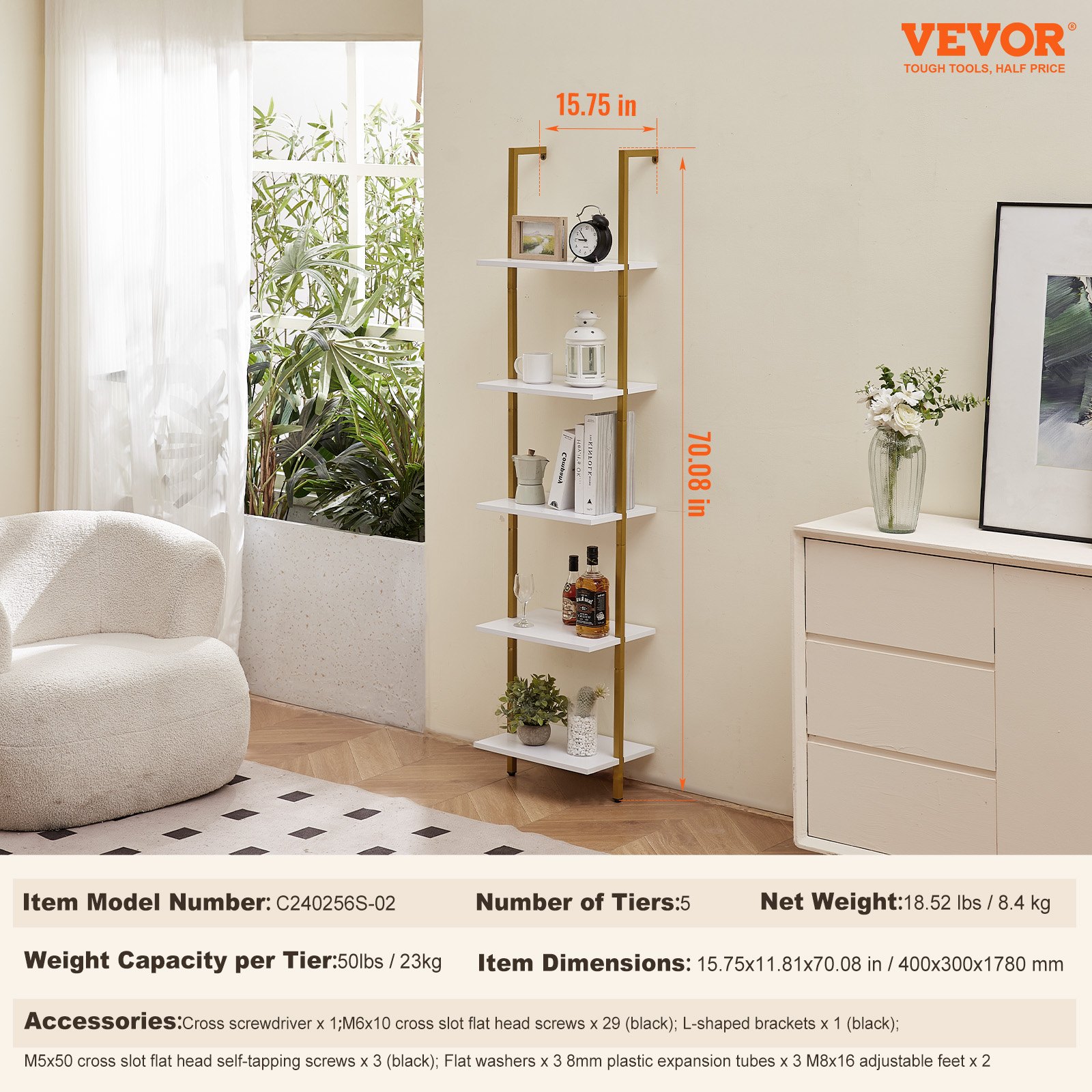 VEVOR Ladder Shelf, 5-Tier Bookshelf 15.6x11.8in, Open Wall-Mounted Ladder Shelf with Metal Frame,Storage Rack Sundries Holder for Kitchen Bedroom Bathroom Living Room, Gold White