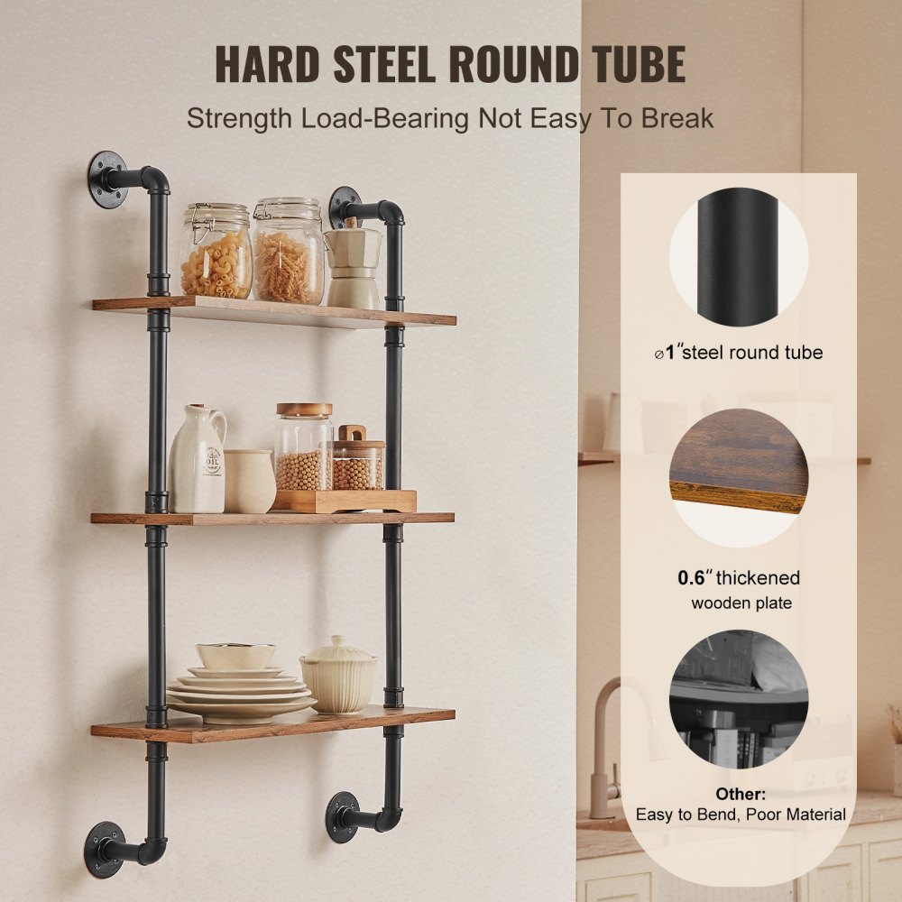 VEVOR Industrial Pipe Shelf, 3 Tier 24x7.87in, Wall-Mount Floating Rustic Wood Shelves Bracket Display Bookshelf, Storage Rack Sundries Holder for Kitchen Bedroom Bathroom Living Room, Black
