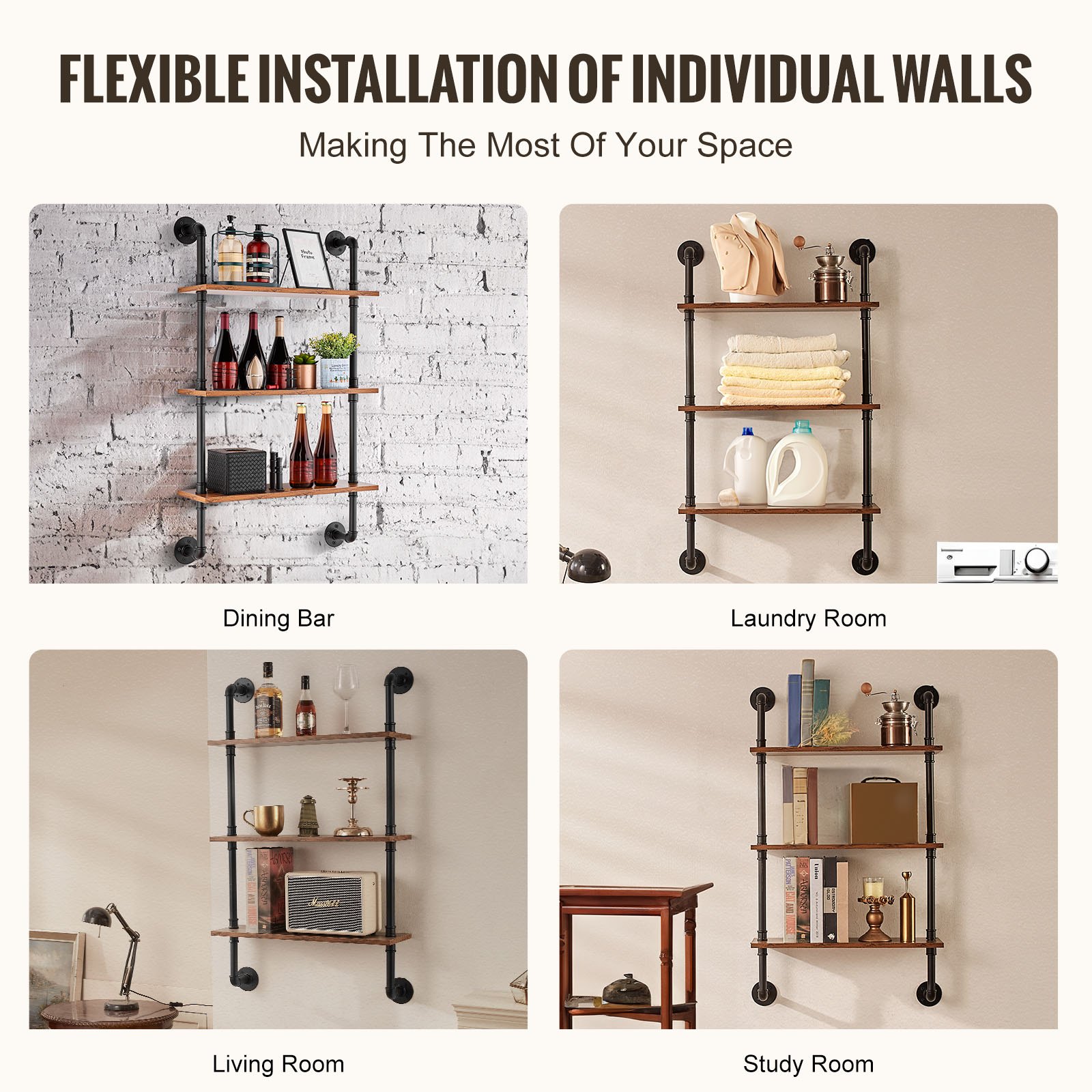 VEVOR Industrial Pipe Shelf, 3 Tier 24x7.87in, Wall-Mount Floating Rustic Wood Shelves Bracket Display Bookshelf, Storage Rack Sundries Holder for Kitchen Bedroom Bathroom Living Room, Black