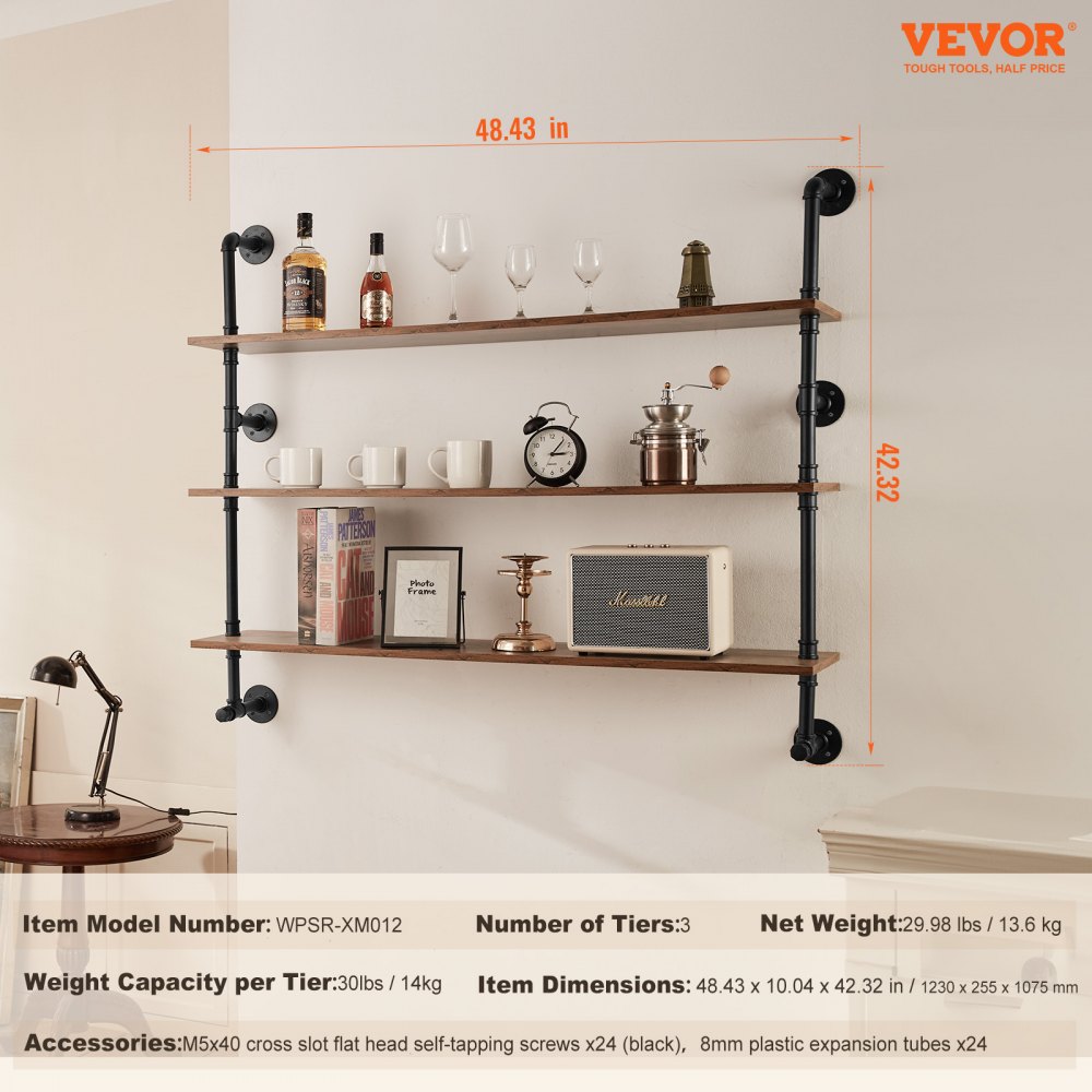 VEVOR Industrial Pipe Shelf, 3 Tier 48x9.84in, Wall-Mount Floating Rustic Wood Shelves Bracket Display Bookshelf, Storage Rack Sundries Holder for Kitchen Bedroom Bathroom Living Room, Black