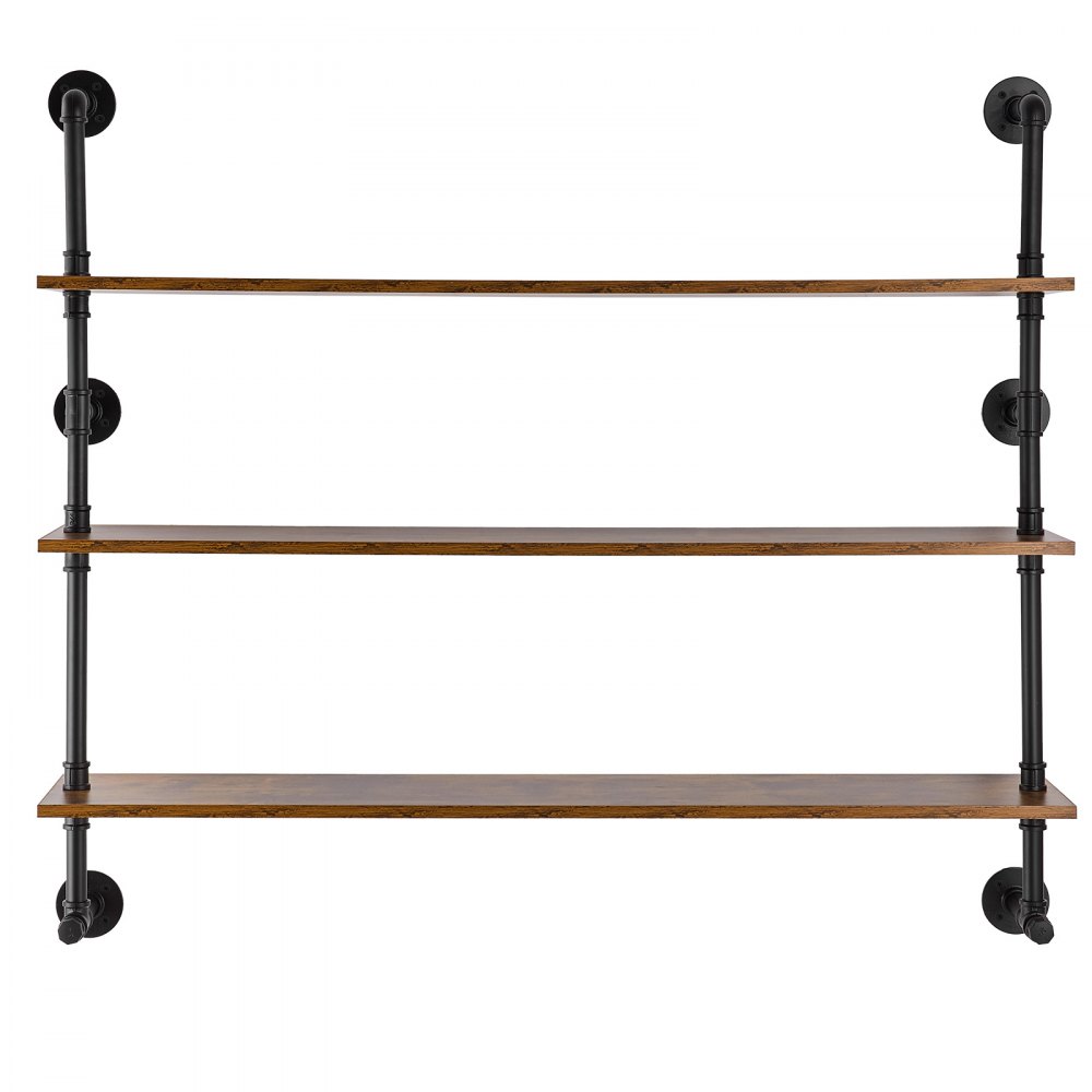 VEVOR Industrial Pipe Shelf, 3 Tier 48x9.84in, Wall-Mount Floating Rustic Wood Shelves Bracket Display Bookshelf, Storage Rack Sundries Holder for Kitchen Bedroom Bathroom Living Room, Black