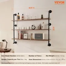 VEVOR Industrial Pipe Shelf 3 Tier 48x9.84in Wall-Mount for Kitchen Bedroom