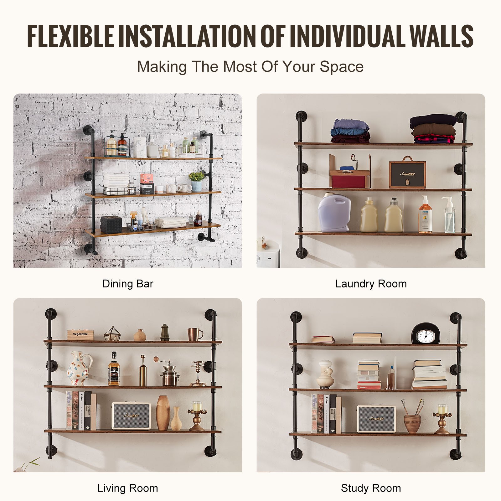 VEVOR Industrial Pipe Shelf, 3 Tier 48x9.84in, Wall-Mount Floating Rustic Wood Shelves Bracket Display Bookshelf, Storage Rack Sundries Holder for Kitchen Bedroom Bathroom Living Room, Black