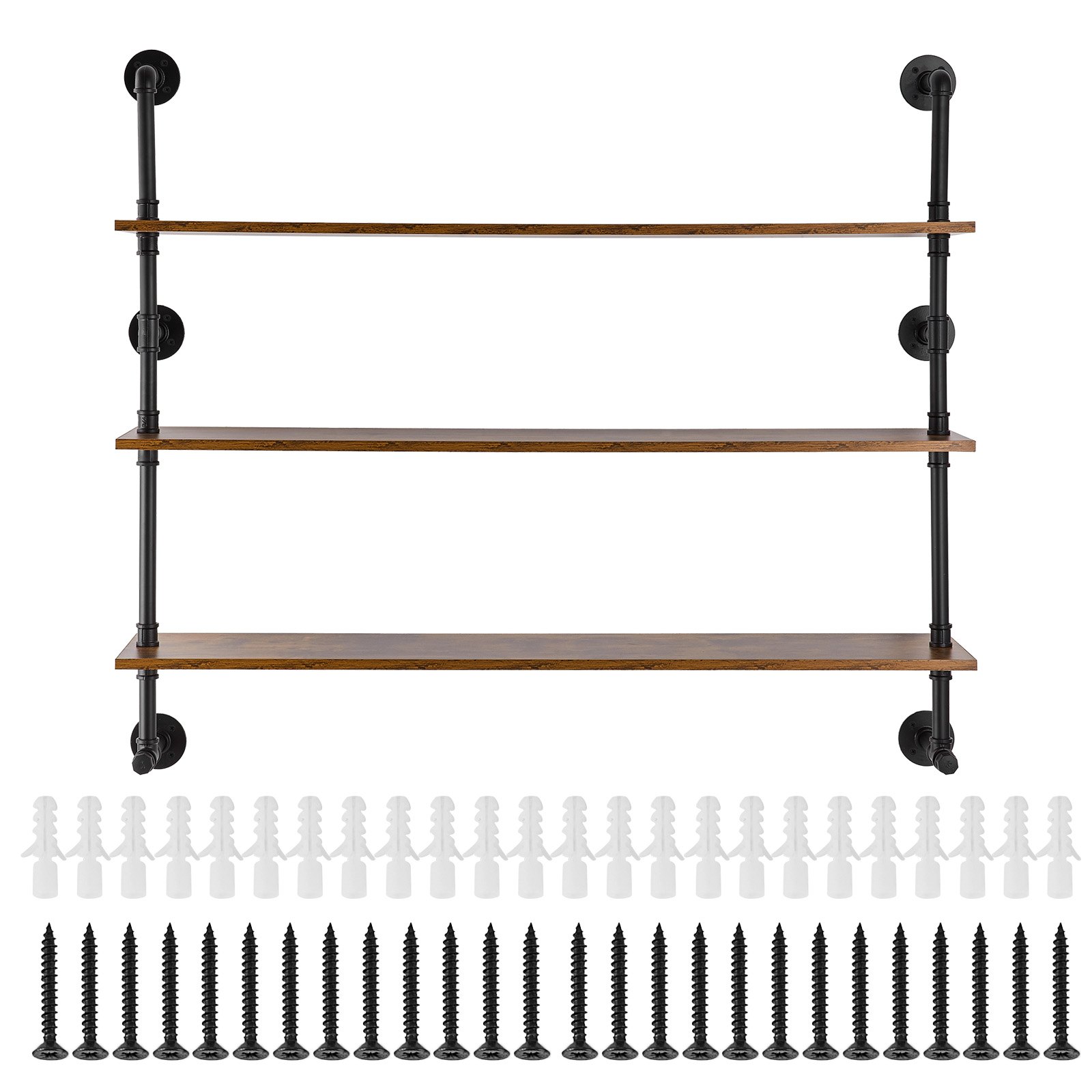 VEVOR Industrial Pipe Shelf, 3 Tier 48x9.84in, Wall-Mount Floating Rustic Wood Shelves Bracket Display Bookshelf, Storage Rack Sundries Holder for Kitchen Bedroom Bathroom Living Room, Black