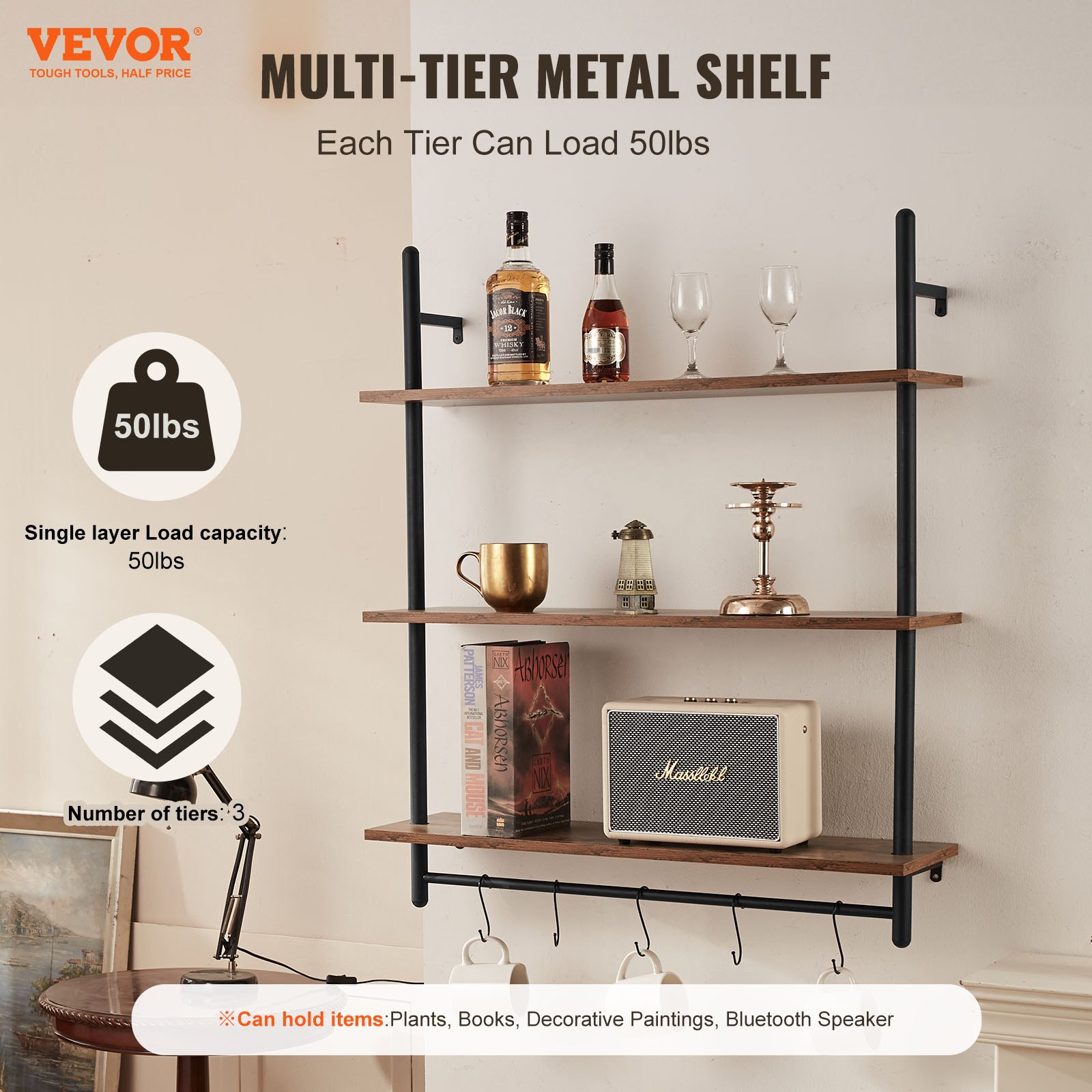 VEVOR Industrial Pipe Shelf, 3 Tier 32x9.84in, Wall-Mount Floating Rustic Wood Shelves Bracket Display Bookshelf, Storage Rack Sundries Holder for Kitchen Bedroom Bathroom Living Room, Black