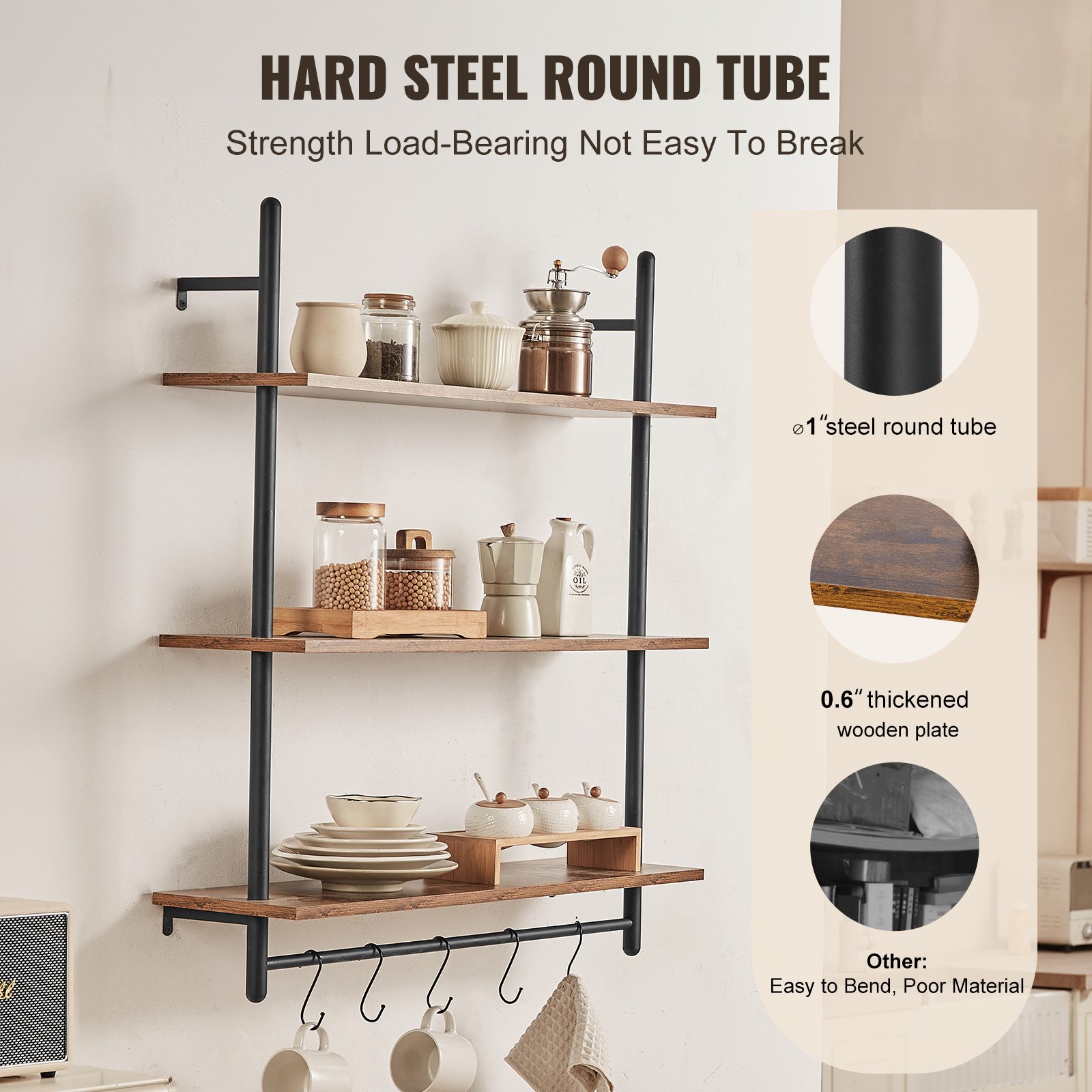 VEVOR Industrial Pipe Shelf, 3 Tier 32x9.84in, Wall-Mount Floating Rustic Wood Shelves Bracket Display Bookshelf, Storage Rack Sundries Holder for Kitchen Bedroom Bathroom Living Room, Black