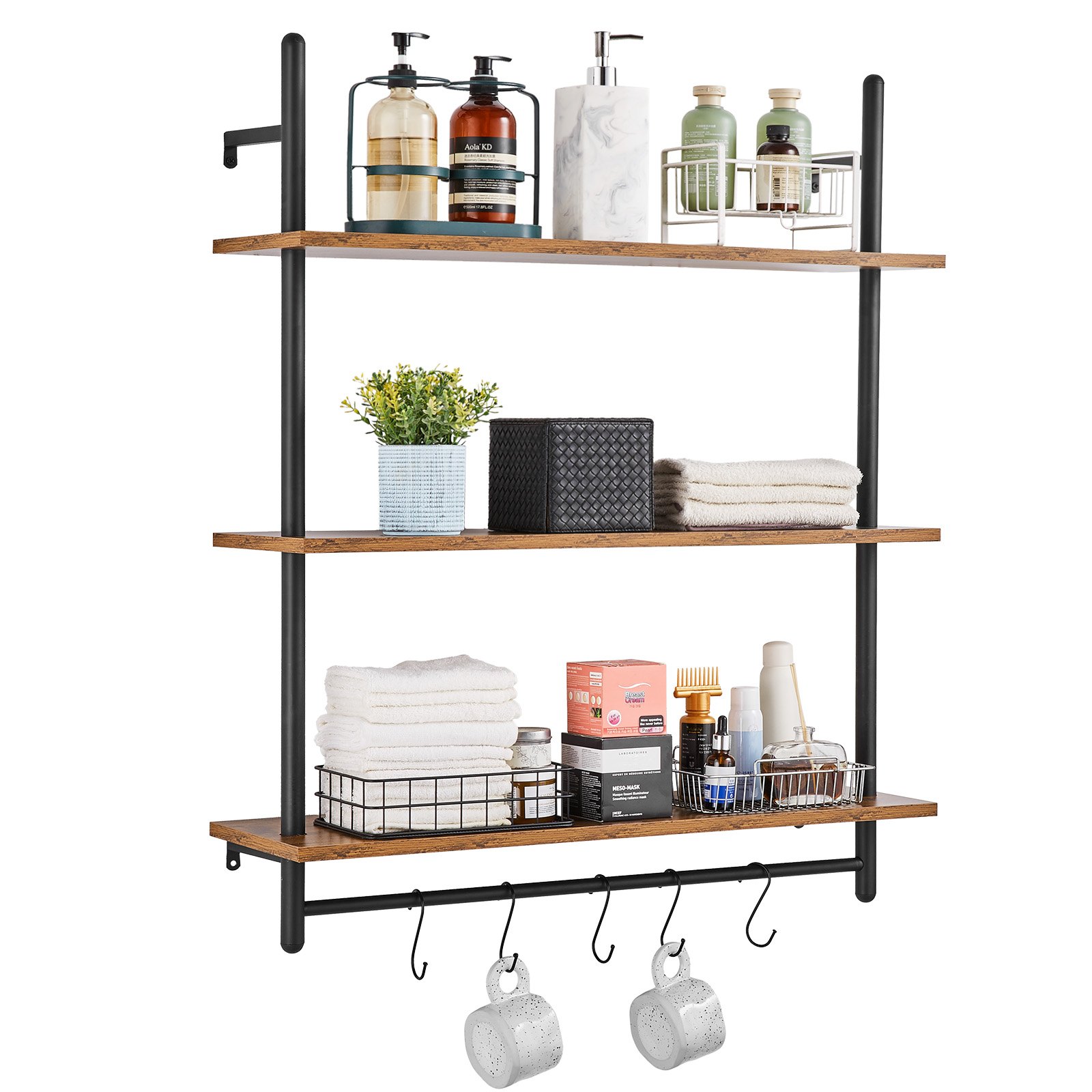 VEVOR Industrial Pipe Shelf, 3 Tier 32x9.84in, Wall-Mount Floating Rustic Wood Shelves Bracket Display Bookshelf, Storage Rack Sundries Holder for Kitchen Bedroom Bathroom Living Room, Black