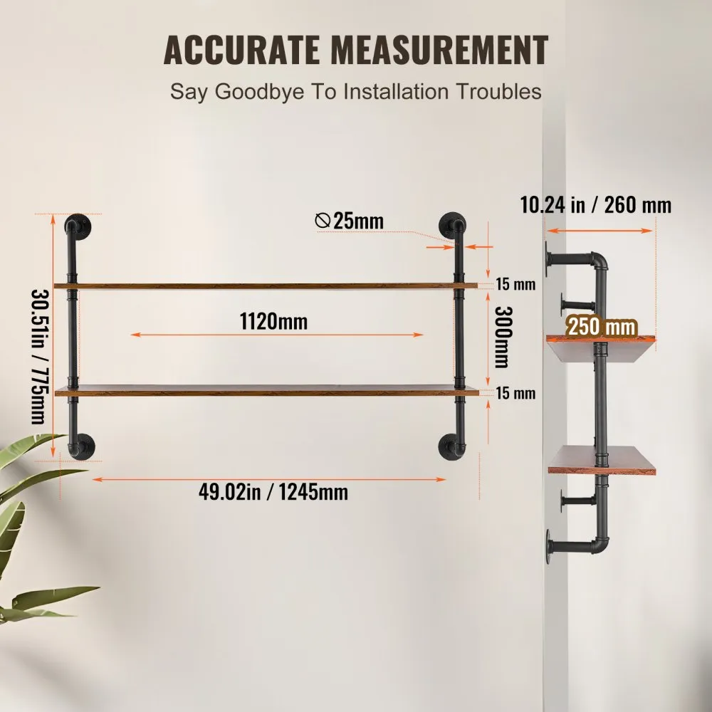 VEVOR Industrial Pipe Shelf 2 Tier 48x 9.84in Wall-Mount for Kitchen Bedroom