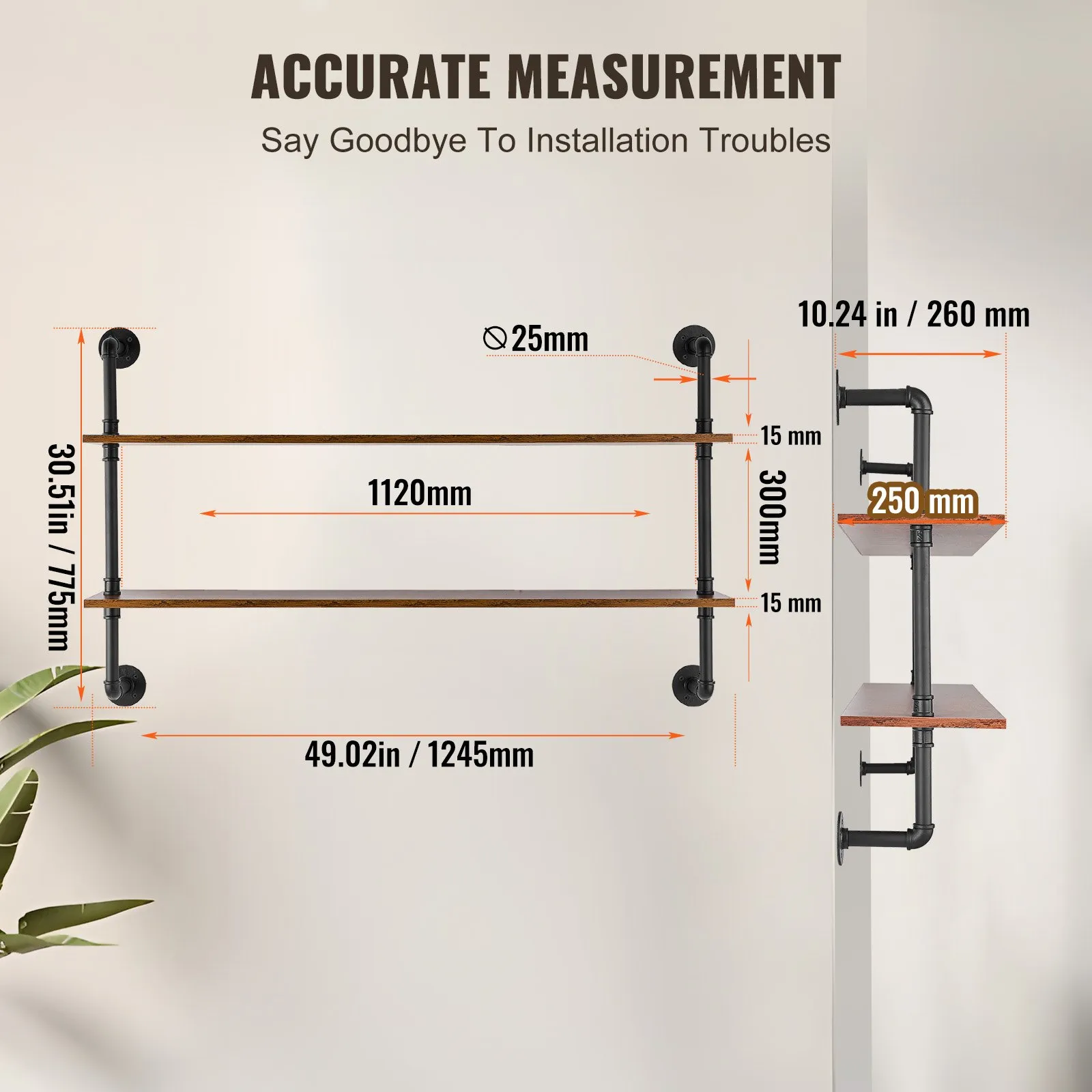 VEVOR Industrial Pipe Shelf 2 Tier 48x 9.84in Wall-Mount for Kitchen Bedroom
