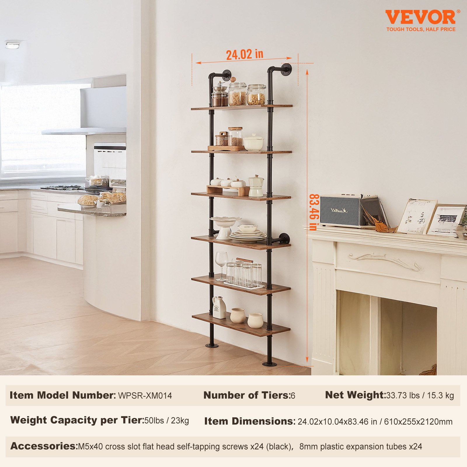 VEVOR Industrial Pipe Shelf, 6 Tier 24x9.84in, Wall-Mount Floating Rustic Wood Shelves Bracket Display Bookshelf, Storage Rack Sundries Holder for Kitchen Bedroom Bathroom Living Room, Black
