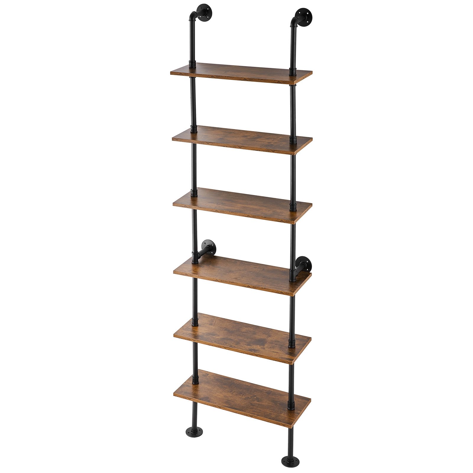 VEVOR Industrial Pipe Shelf, 6 Tier 24x9.84in, Wall-Mount Floating Rustic Wood Shelves Bracket Display Bookshelf, Storage Rack Sundries Holder for Kitchen Bedroom Bathroom Living Room, Black