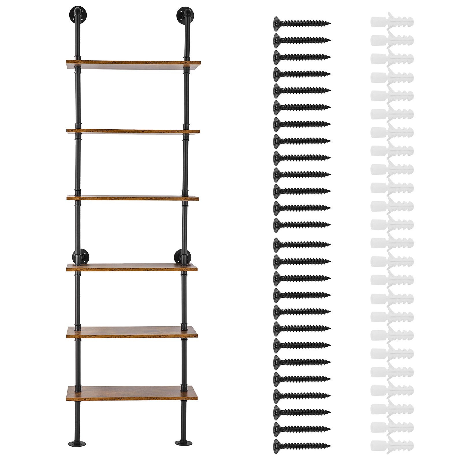 VEVOR Industrial Pipe Shelf, 6 Tier 24x9.84in, Wall-Mount Floating Rustic Wood Shelves Bracket Display Bookshelf, Storage Rack Sundries Holder for Kitchen Bedroom Bathroom Living Room, Black