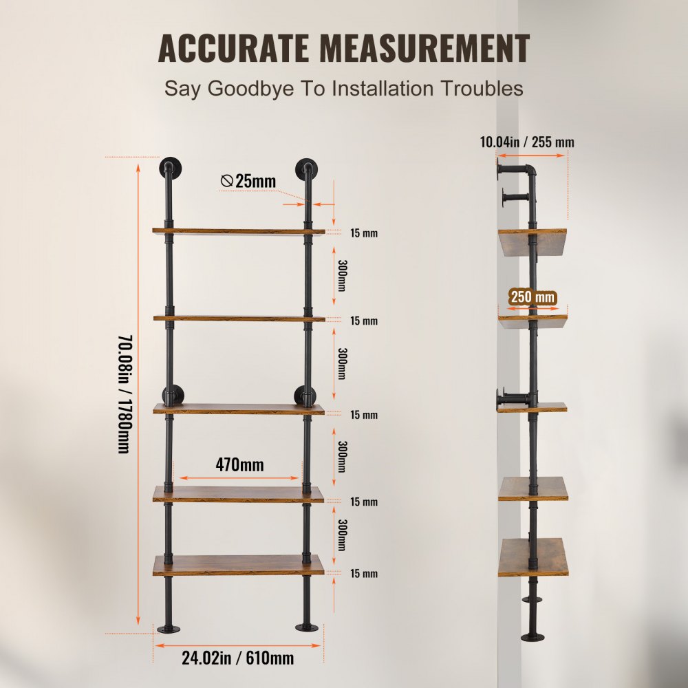 VEVOR Industrial Pipe Shelf, 5 Tier 24x9.84in, Wall-Mount Floating Rustic Wood Shelves Bracket Display Bookshelf, Storage Rack Sundries Holder for Kitchen Bedroom Bathroom Living Room, Black