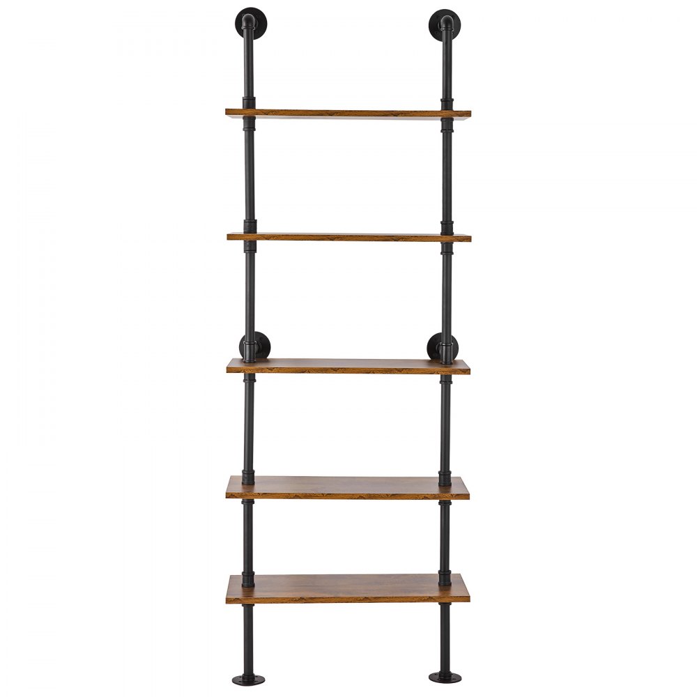 VEVOR Industrial Pipe Shelf, 5 Tier 24x9.84in, Wall-Mount Floating Rustic Wood Shelves Bracket Display Bookshelf, Storage Rack Sundries Holder for Kitchen Bedroom Bathroom Living Room, Black