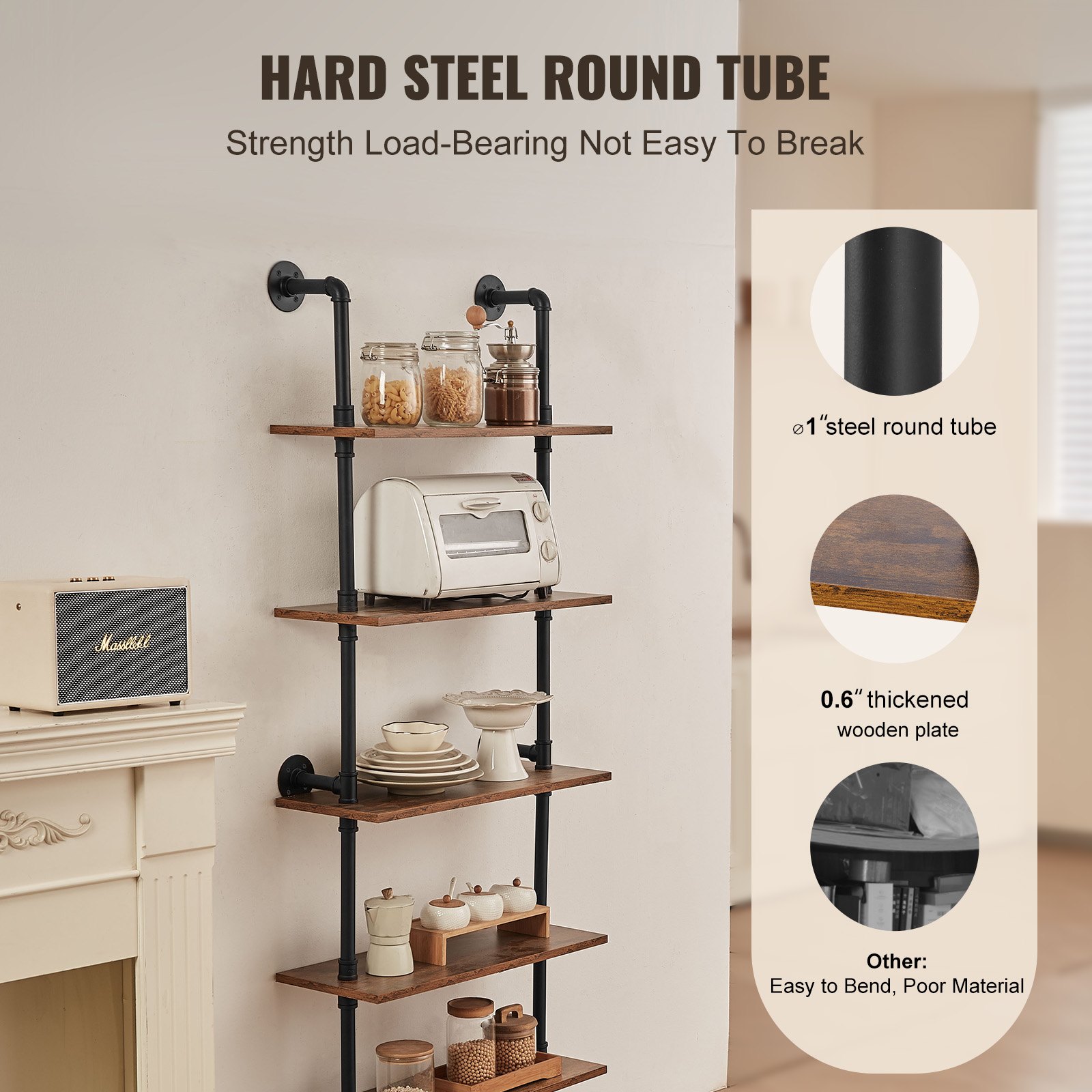 VEVOR Industrial Pipe Shelf, 5 Tier 24x9.84in, Wall-Mount Floating Rustic Wood Shelves Bracket Display Bookshelf, Storage Rack Sundries Holder for Kitchen Bedroom Bathroom Living Room, Black