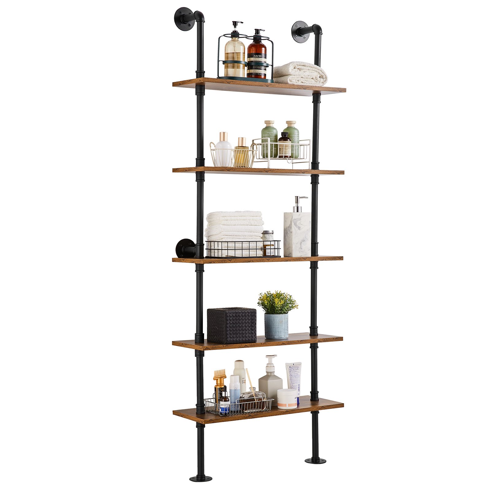 VEVOR Industrial Pipe Shelf, 5 Tier 24x9.84in, Wall-Mount Floating Rustic Wood Shelves Bracket Display Bookshelf, Storage Rack Sundries Holder for Kitchen Bedroom Bathroom Living Room, Black