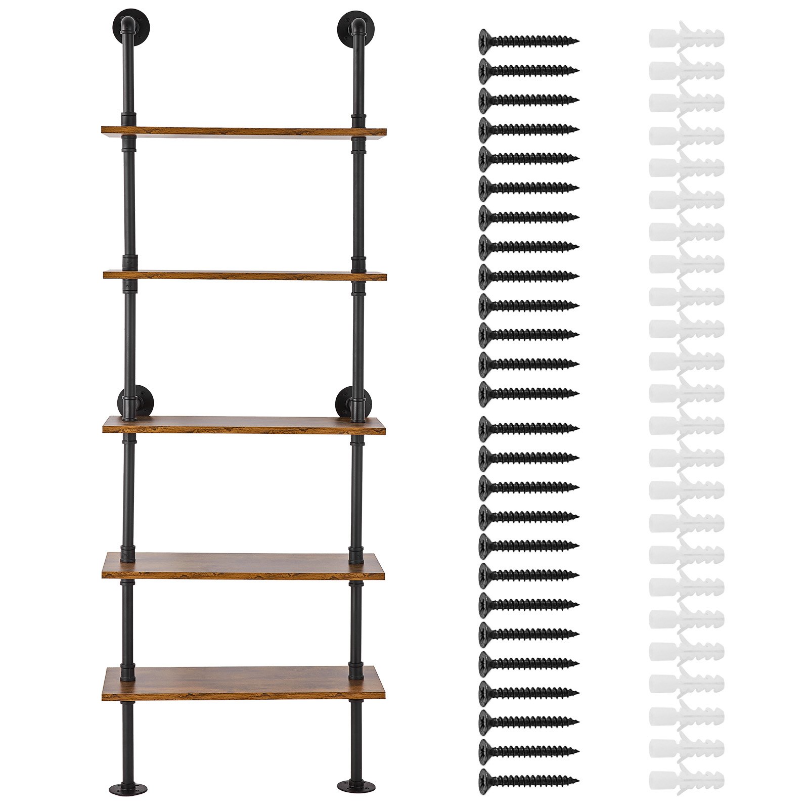 VEVOR Industrial Pipe Shelf, 5 Tier 24x9.84in, Wall-Mount Floating Rustic Wood Shelves Bracket Display Bookshelf, Storage Rack Sundries Holder for Kitchen Bedroom Bathroom Living Room, Black