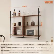 VEVOR Industrial Pipe Shelf 3 Tier 41.5x9.84in Wall-Mount for Kitchen Bedroom