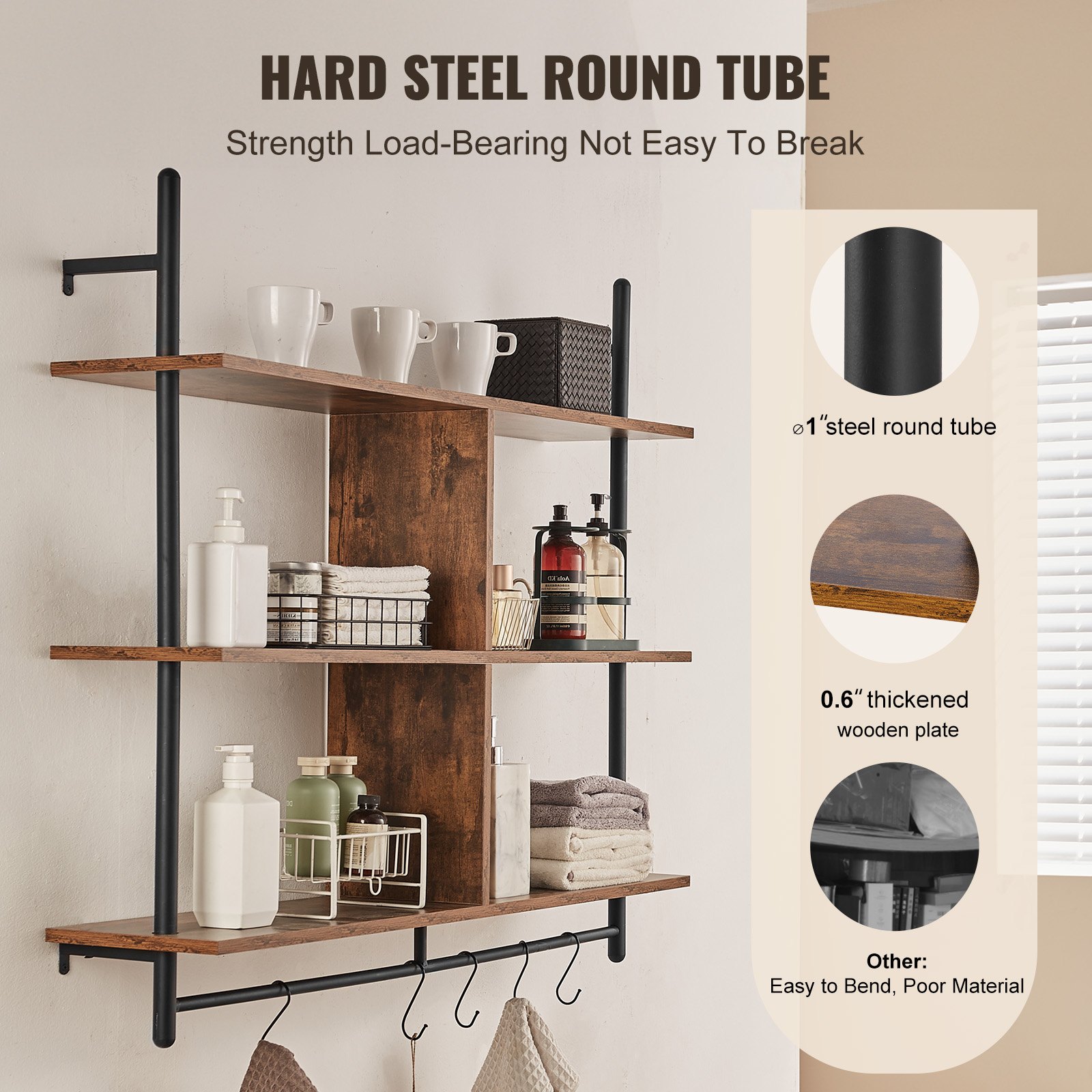 VEVOR Industrial Pipe Shelf, 3 Tier 41.5x9.84in, Wall-Mount Floating Rustic Wood Shelves Bracket Display Bookshelf, Storage Rack Sundries Holder for Kitchen Bedroom Bathroom Living Room, Black