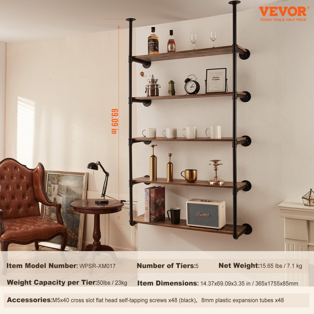 VEVOR Industrial Pipe Shelf, 5 Tier 2PCS, 11.8in Applicable Board Width Wall-Mount Floating Rustic Wood Shelves Bracket Bookshelf,Storage Holder for Kitchen Bedroom Bathroom, (Planks NOT Included)