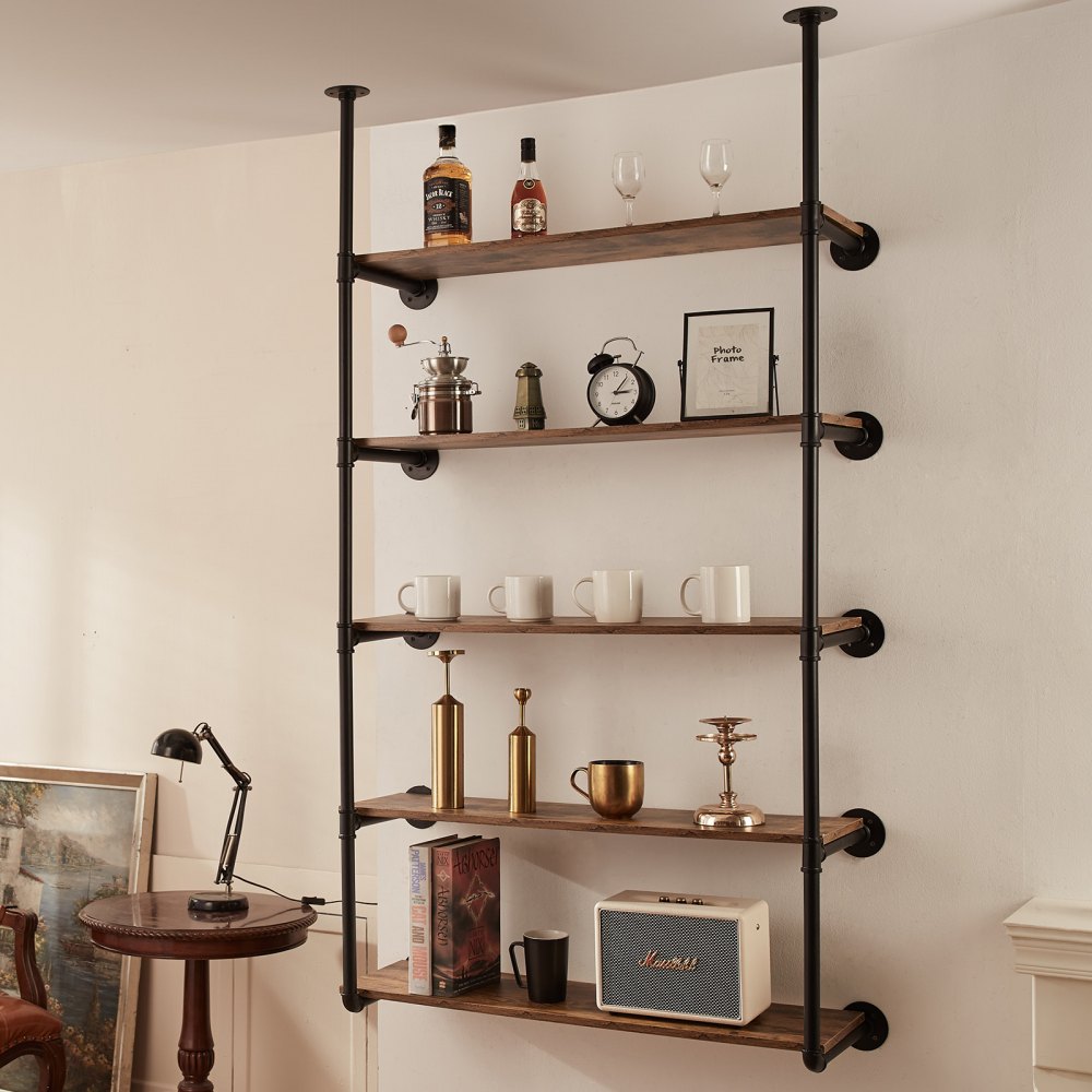 VEVOR Industrial Pipe Shelf, 5 Tier 2PCS, 11.8in Applicable Board Width Wall-Mount Floating Rustic Wood Shelves Bracket Bookshelf,Storage Holder for Kitchen Bedroom Bathroom, (Planks NOT Included)