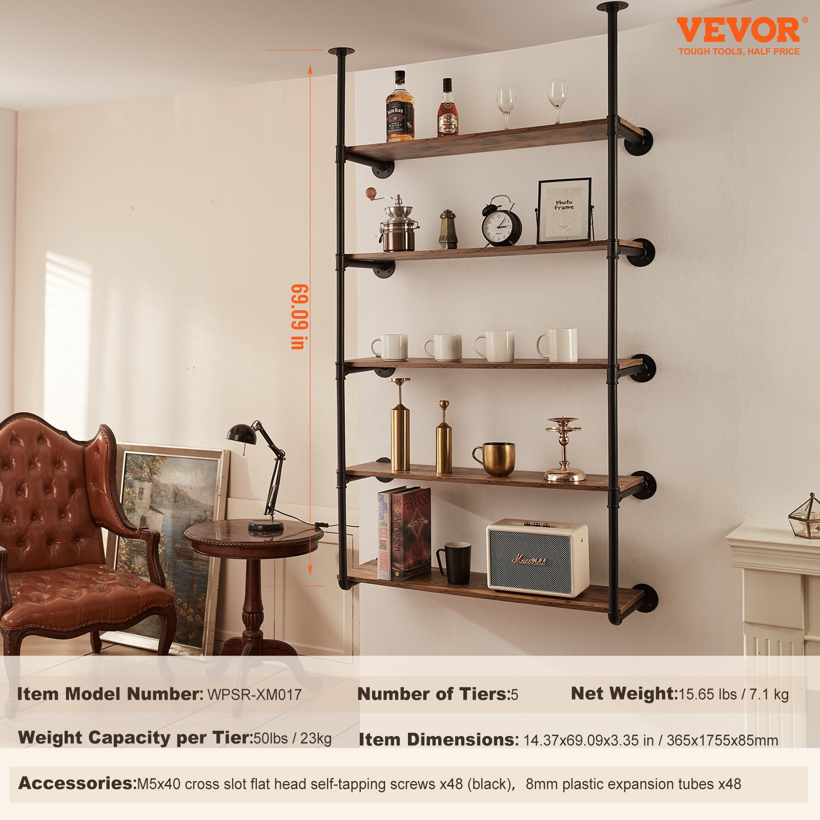 VEVOR Industrial Pipe Shelf, 5 Tier 2PCS, 11.8in Applicable Board Width Wall-Mount Floating Rustic Wood Shelves Bracket Bookshelf,Storage Holder for Kitchen Bedroom Bathroom, (Planks NOT Included)
