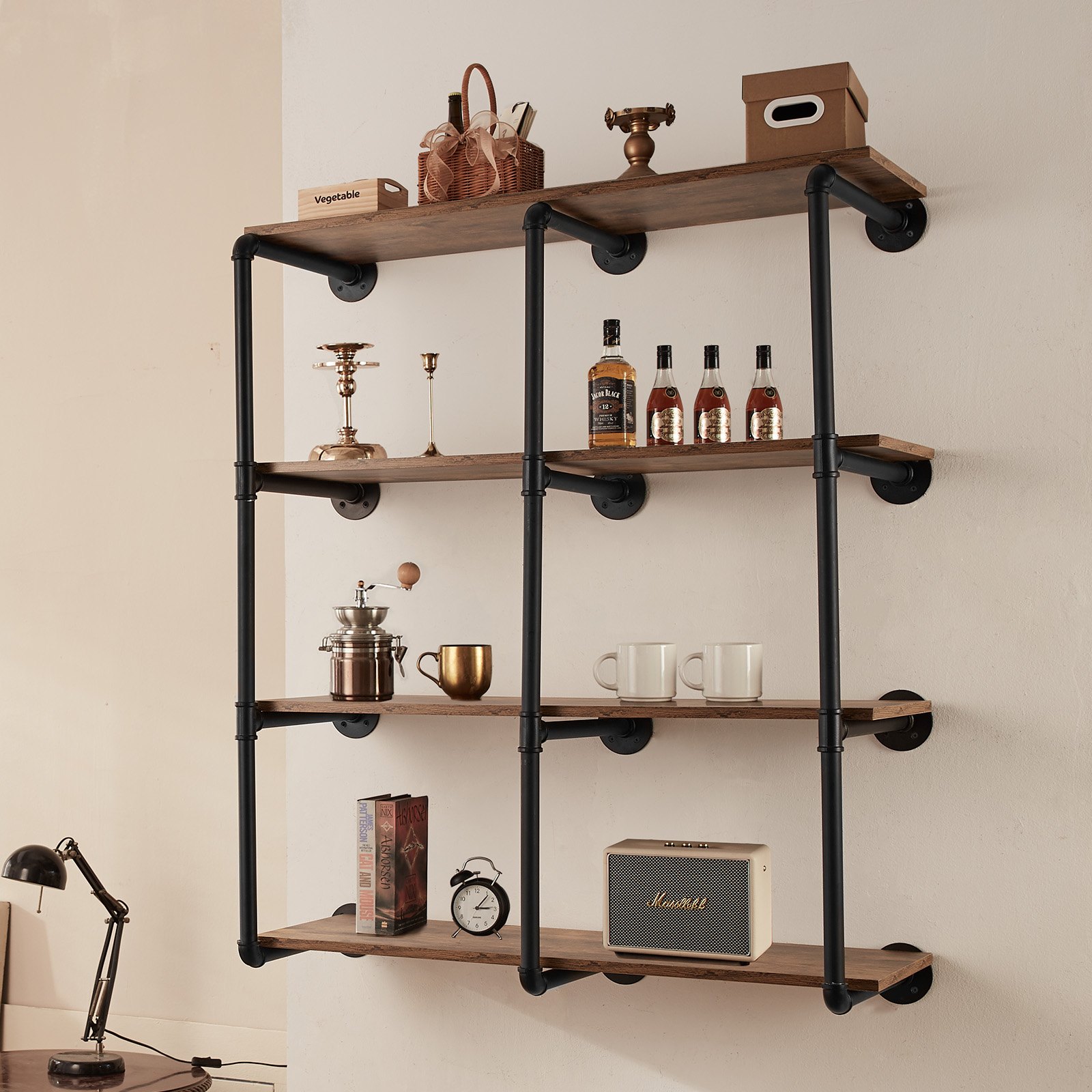 VEVOR Industrial Pipe Shelf, 4 Tier 3PCS, 11.8in Applicable Board Width Wall-Mount Floating Rustic Wood Shelves Bracket Bookshelf,Storage Holder for Kitchen Bedroom Bathroom, (Planks NOT Included)
