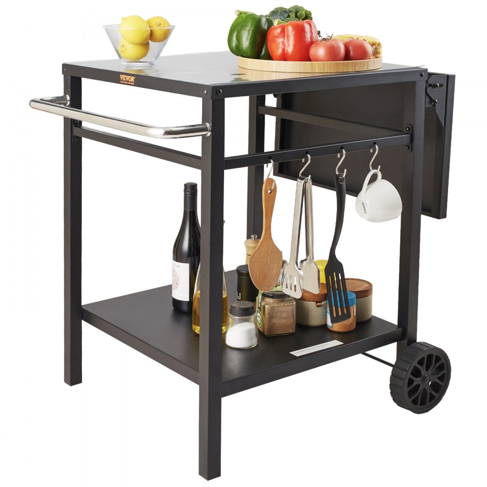 VEVOR Outdoor Grill Dining Cart with Double-Shelf, BBQ Movable Food Prep Table, Multifunctional Foldable Iron Table Top, Portable Modular Carts for Pizza Oven, Worktable with 2 Wheels, Carry Handle