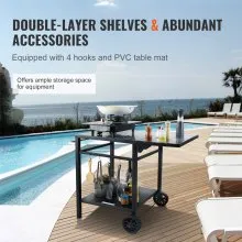 VEVOR Outdoor Grill Dining Cart with Double-Shelf, BBQ Movable Food Prep Table, Multifunctional Foldable Iron Table Top, Portable Modular Carts for Pizza Oven, Worktable with 2 Wheels, Carry Handle