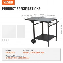 VEVOR Outdoor Grill Dining Cart with Double-Shelf, 55*55cm BBQ Movable Food Prep Table, Multifunctional Foldable Iron Table Top, Portable Modular Carts for Pizza Oven, Worktable with 2 Wheels, Carry Handle