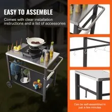 VEVOR Outdoor Grill Dining Cart with Double-Shelf, BBQ Movable Food Prep Table, Multifunctional Stainless Steel Table Top, Portable Modular Carts for Pizza Oven, Worktable with 2 Wheels, Carry Handle