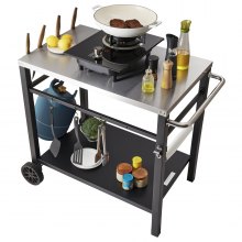 VEVOR Outdoor Grill Dining Cart with Double-Shelf, BBQ Movable Food Prep Table, Multifunctional Stainless Steel Table Top, Portable Modular Carts for Pizza Oven, Worktable with 2 Wheels, Carry Handle