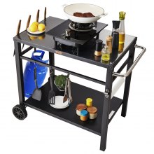 VEVOR Outdoor Grill Dining Cart with Double-Shelf,  85*55cm BBQ Movable Food Prep Table, Multifunctional Iron Table Top, Portable Modular Carts for Pizza Oven, Worktable with 2 Wheels, Carry Handle, Black